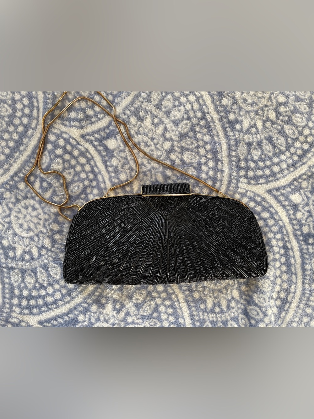 Black Beaded Evening Clutch with Gold Chain Strap
